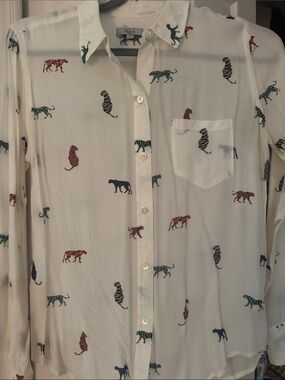 Rails Kathryn White Button-Down Shirt with Wild Multi Cat Motif